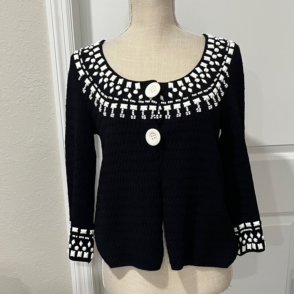 Talbots Collection Italian Yarn   Patterned Cardigan Snap Button Hand-beaded
